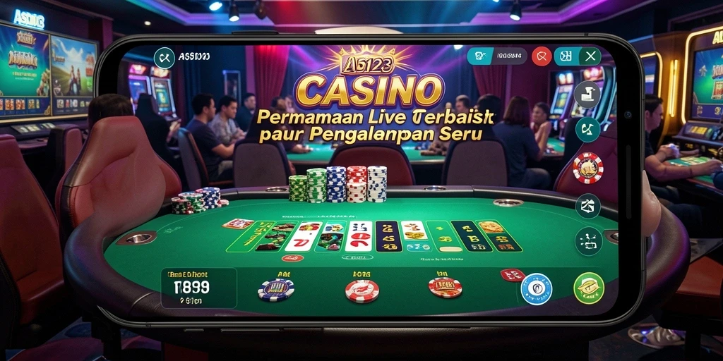 Screenshot utama gameplay Live Casino dengan dealer langsung dan suasana kasino.