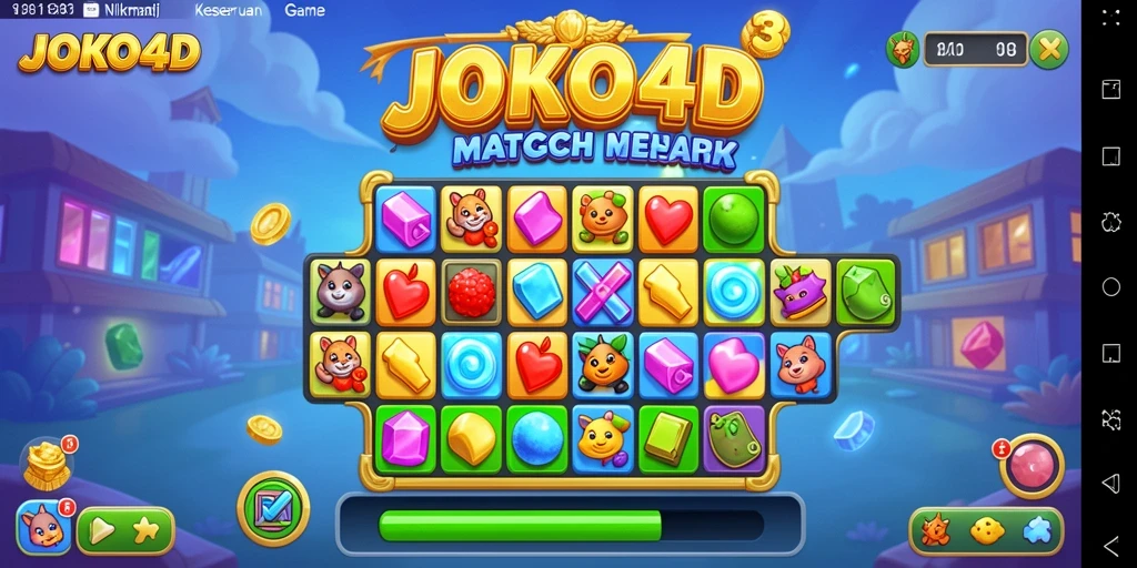 Screenshot utama JOKO4D menunjukkan gameplay Match-3 yang seru dan penuh warna.