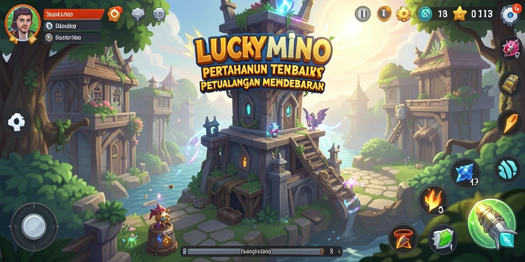 Screenshot gameplay LUCKYMINO menampilkan aksi menara pertahanan yang seru.